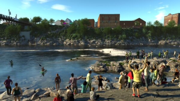 A rendering of the Skowhegan River Park showing whitewater kayakers and spectators.